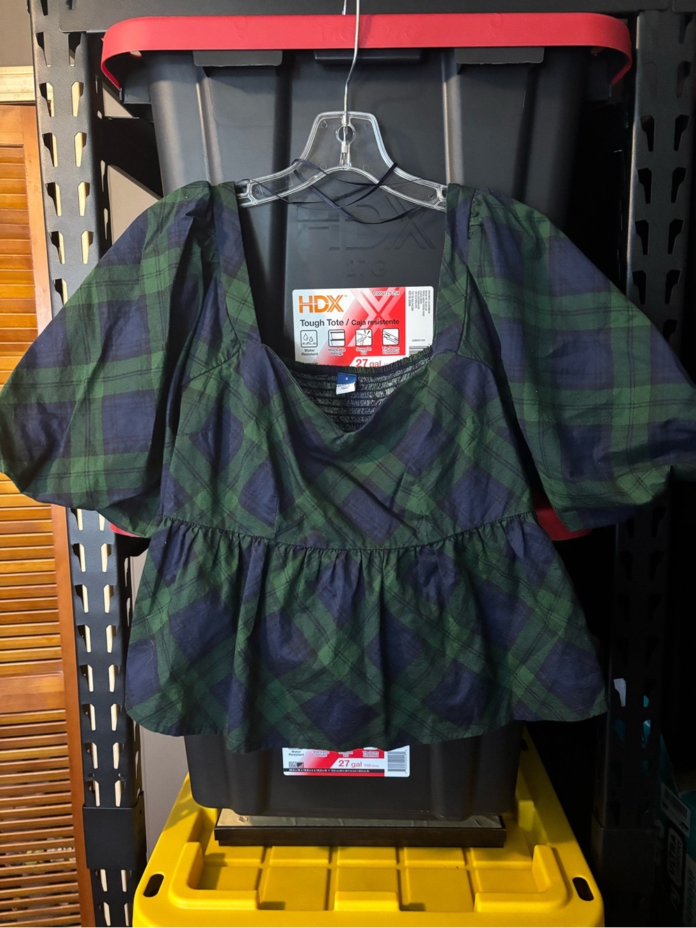 Old Navy Green and Navy Plaid Peplum Blouse
